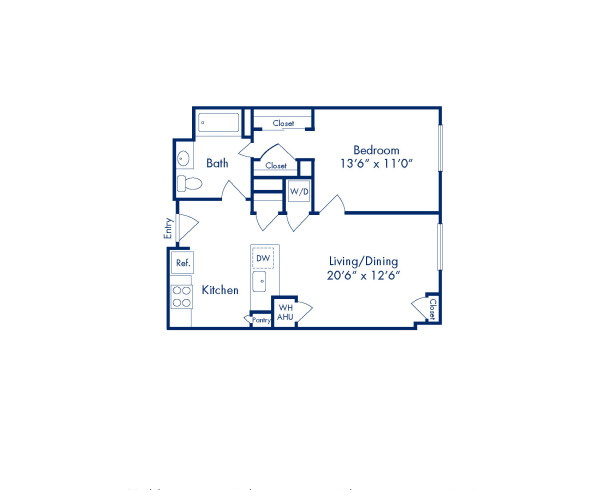 Blueprint of Bedford Floor Plan, 1 Bedroom and 1 Bathroom at Camden Potomac Yard Apartments in Arlington, VA