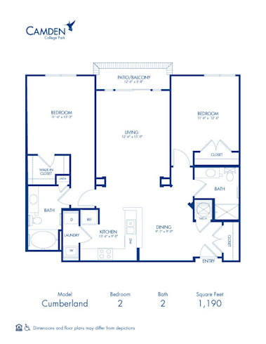 Blueprint of Cumberland Floor Plan, 2 Bedrooms and 2 Bathrooms at Camden College Park Apartments in College Park, MD