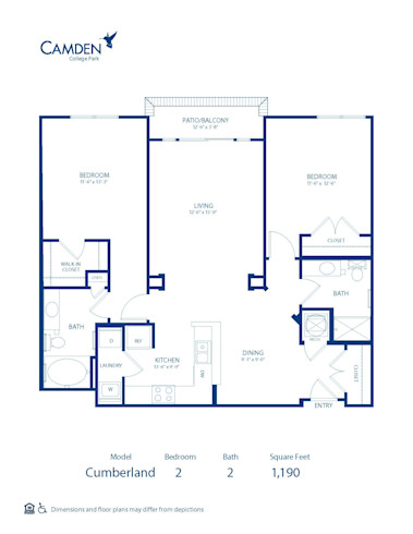 Blueprint of Cumberland Floor Plan, 2 Bedrooms and 2 Bathrooms at Camden College Park Apartments in College Park, MD