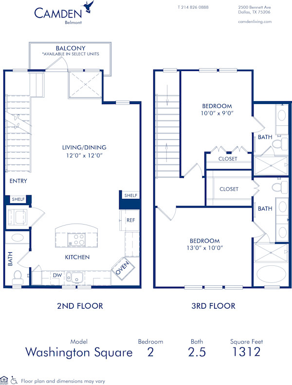 Blueprint of Washington Square Floor Plan, 2 Bedrooms and 2.5 Bathrooms at Camden Belmont Apartments in Dallas, TX