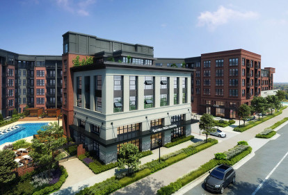 Camden NoDa apartments in Charlotte, NC rendering of the building exterior and amenities