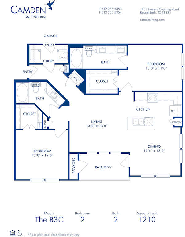 Blueprint of B3C Floor Plan, 2 Bedrooms and 2 Bathrooms at Camden La Frontera Apartments in Round Rock, TX