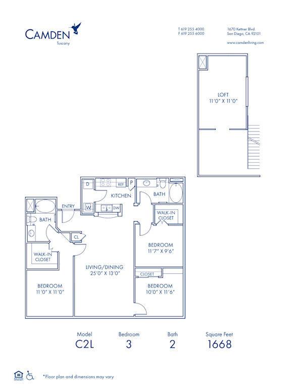 Blueprint of C2L Floor Plan, Apartment Home with 3 Bedrooms and 2 Bathrooms at Camden Tuscany in San Diego, CA