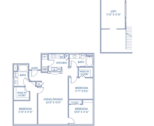 Blueprint of C2L Floor Plan, Apartment Home with 3 Bedrooms and 2 Bathrooms at Camden Tuscany in San Diego, CA