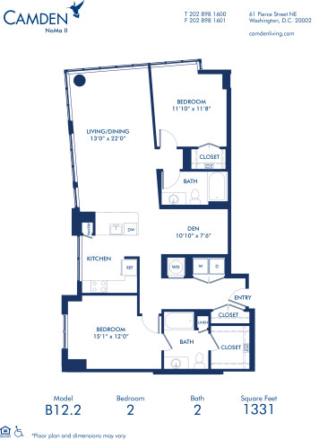 Blueprint of B12.2 Floor Plan, 2 Bedrooms and 2 Bathrooms at Camden NoMa II Apartments in Washington, DC