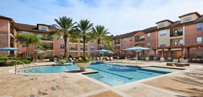 Resort style pool surrounded by palm trees