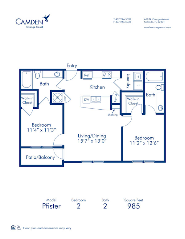 Blueprint of Pfister Floor Plan, 2 Bedrooms and 2 Bathrooms at Camden Orange Court Apartments in Orlando, FL