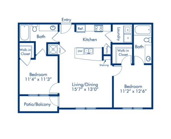 Blueprint of Pfister Floor Plan, 2 Bedrooms and 2 Bathrooms at Camden Orange Court Apartments in Orlando, FL