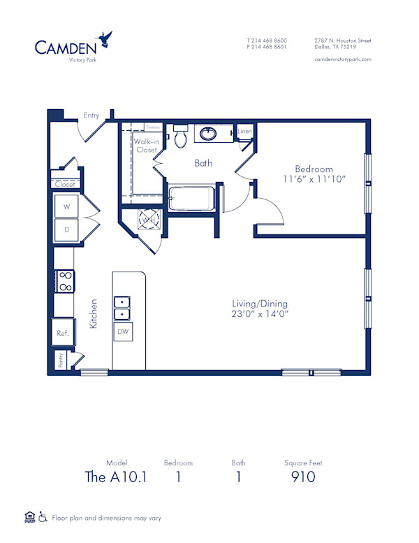 Blueprint of A10.1 Floor Plan, 1 Bedroom and 1 Bathroom at Camden Victory Park Apartments in Dallas, TX