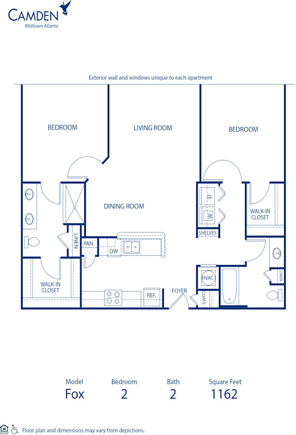 Blueprint of Fox Floor Plan, 2 Bedrooms and 2 Bathrooms at Camden Midtown Atlanta Apartments in Atlanta, GA