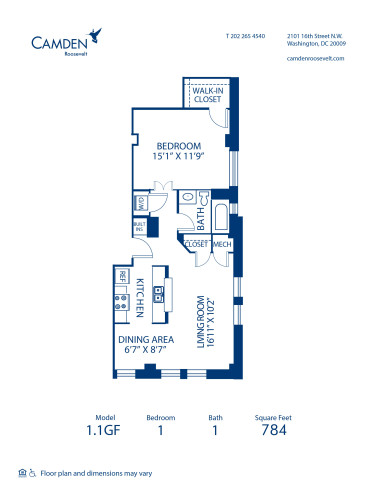 Blueprint of 1.1GF Floor Plan, 1 Bedroom and 1 Bathroom at Camden Roosevelt Apartments in Washington, DC