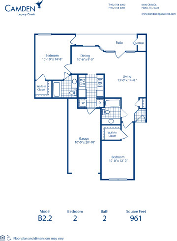 Blueprint of B2.2 Floor Plan, 2 Bedrooms and 2 Bathrooms at Camden Legacy Creek Apartments in Plano, TX