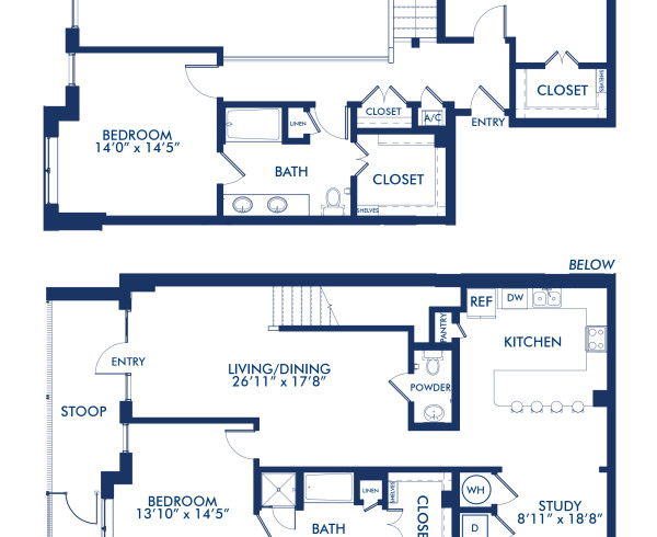 Blueprint of T-B2 Floor Plan at Camden McGowen Station Two Bedroom Townhomes in Midtown Houston