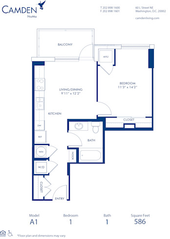 Blueprint of A1 Floor Plan, 1 Bedroom and 1 Bathroom at Camden NoMa Apartments in Washington, DC