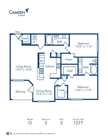 Blueprint of O Floor Plan, 2 Bedrooms and 2 Bathrooms at Camden Vanderbilt Apartments in Houston, TX