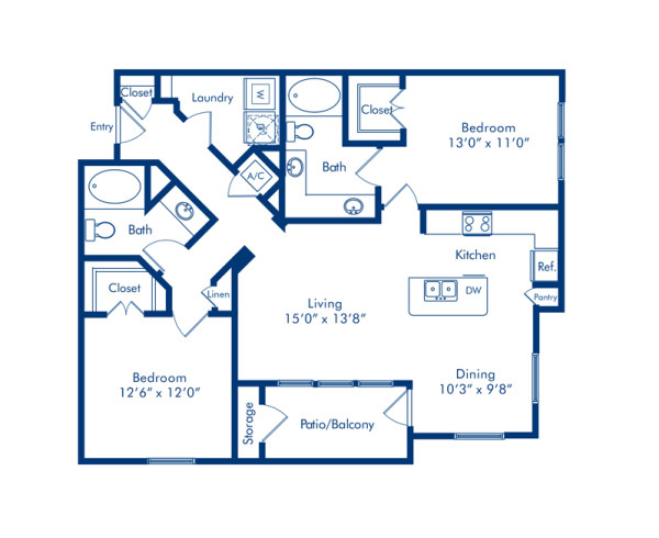Blueprint of Pecan Floor Plan, 2 Bedrooms and 2 Bathrooms at Camden Whispering Oaks Apartments in Houston, TX