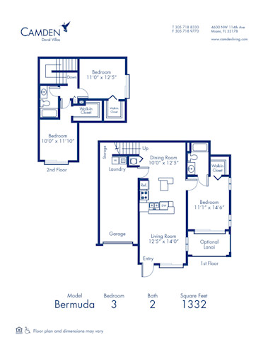 Blueprint of Bermuda Floor Plan, 3 Bedrooms and 2 Bathrooms at Camden Doral Villas Apartments in Doral, FL