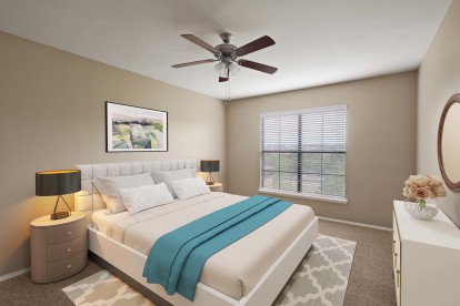 Spacious bedroom with ceiling fan