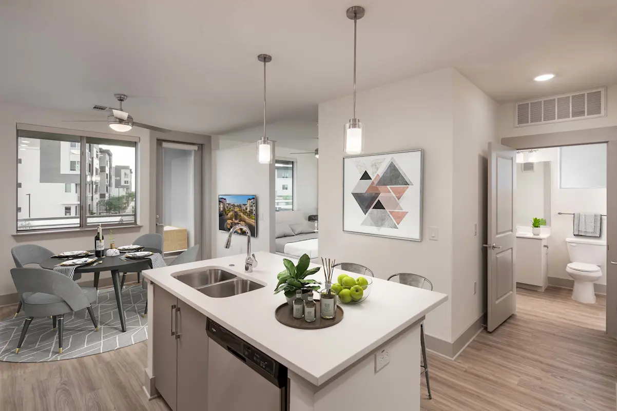 Furnished kitchen and island at Camden North End.