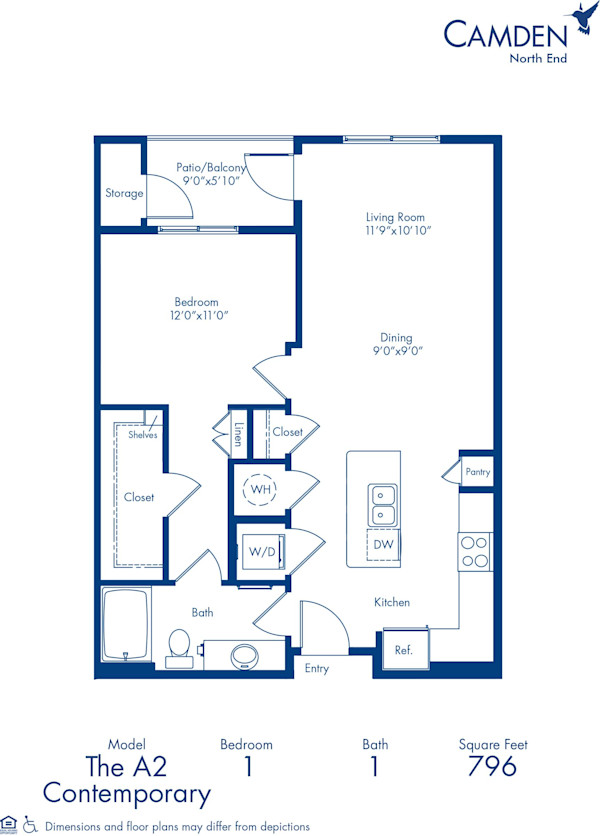 Blueprint of A2 Floor Plan, Apartment Home with 1 Bedroom and 1 Bathroom at Camden North End in Phoenix, AZ
