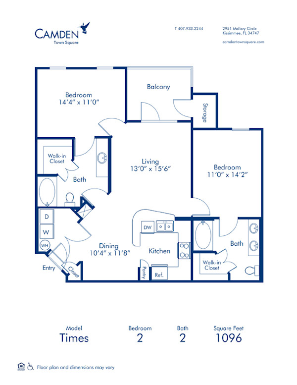 Blueprint of Times Floor Plan, 2 Bedrooms and 2 Bathrooms at Camden Town Square Apartments in Kissimmee, FL