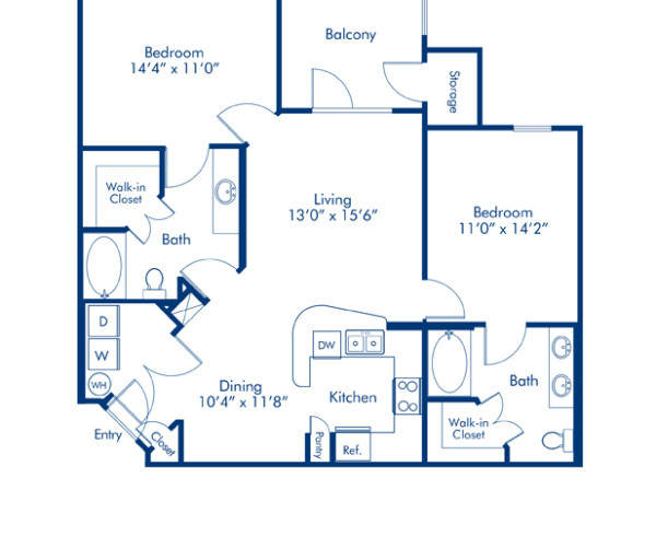 Blueprint of Times Floor Plan, 2 Bedrooms and 2 Bathrooms at Camden Town Square Apartments in Kissimmee, FL