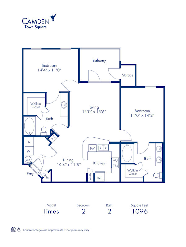 Blueprint of Times Floor Plan, 2 Bedrooms and 2 Bathrooms at Camden Town Square Apartments in Kissimmee, FL