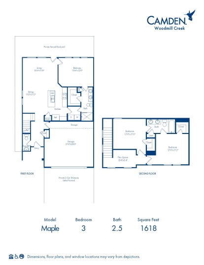 Blueprint of Maple Floor Plan, 3 Bedroom and 2.5 Bathroom Home at Camden Woodmill Creek in The Woodlands, TX