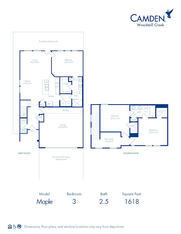 Blueprint of Maple Floor Plan, 3 Bedroom and 2.5 Bathroom Home at Camden Woodmill Creek in Spring, TX