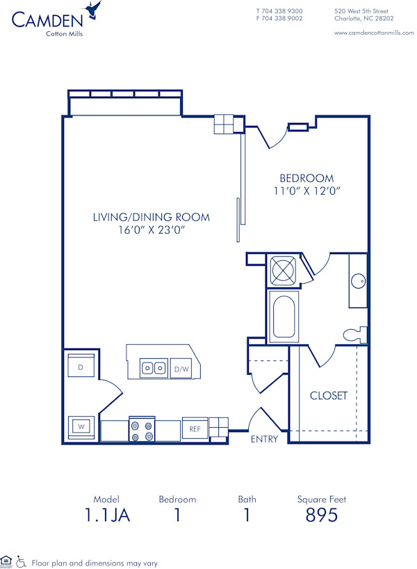 Blueprint of 1.1JA Floor Plan, 1 Bedroom and 1 Bathroom at Camden Cotton Mills Apartments in Charlotte, NC