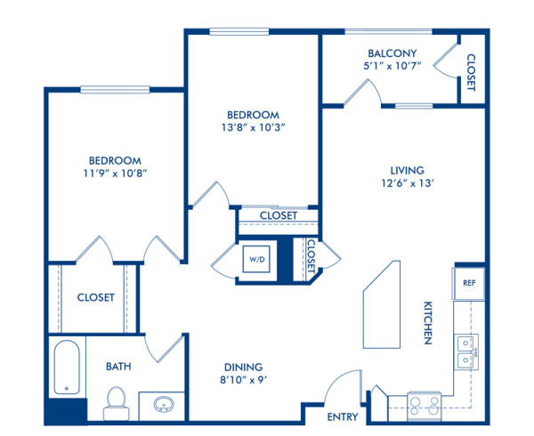 Blueprint of B1 Floor Plan, 2 Bedrooms and 1 Bathroom at Camden Belleview Station Apartments in Denver, CO