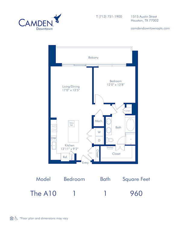 A10 One Bedroom Floor Plan at Camden Downtown apartments in Downtown Houston, TX