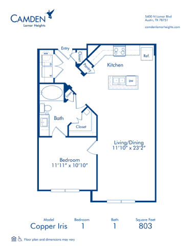 Blueprint of Copper Iris Floor Plan, 1 Bedroom and 1 Bathroom at Camden Lamar Heights Apartments in Austin, TX