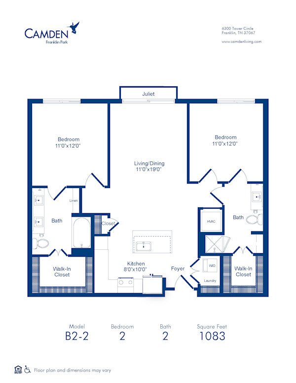 Camden Franklin Park apartments two bedroom floor plan B2-2