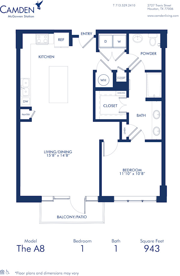 Blueprint of A8 Floor Plan, One Bedroom One Bathroom Apartment at Camden McGowen Station in Midtown Houston, TX
