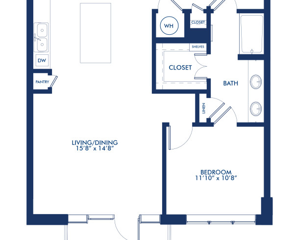 Blueprint of A8 Floor Plan, One Bedroom One Bathroom Apartment at Camden McGowen Station in Midtown Houston, TX