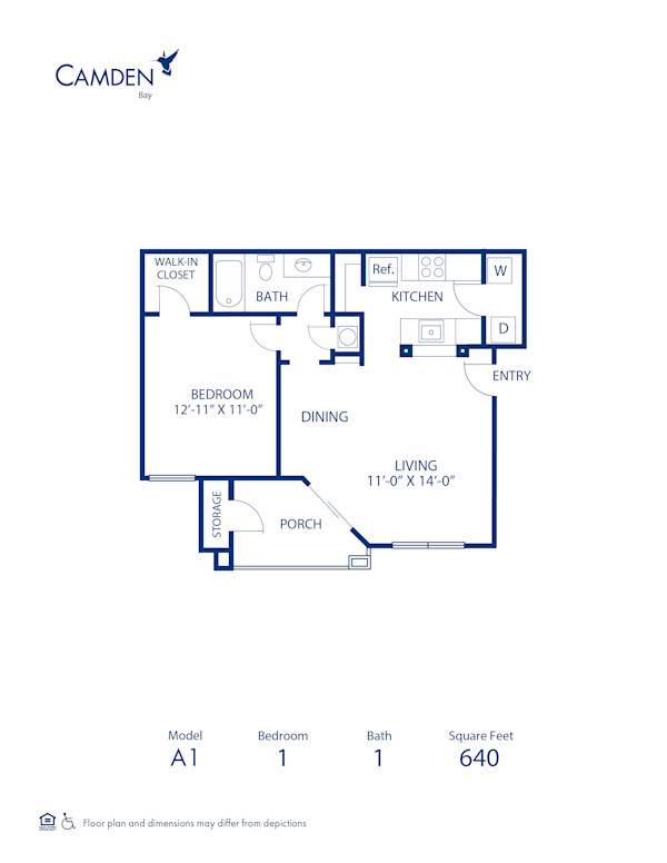 Blueprint of Beach (Balcony) Floor Plan, 1 Bedroom and 1 Bathroom at Camden Bay Apartments in Tampa, FL