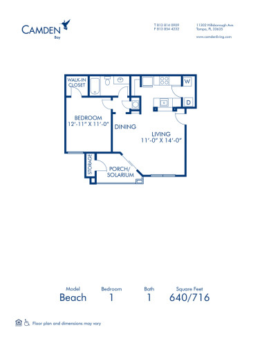 Blueprint of Beach (Balcony) Floor Plan, 1 Bedroom and 1 Bathroom at Camden Bay Apartments in Tampa, FL