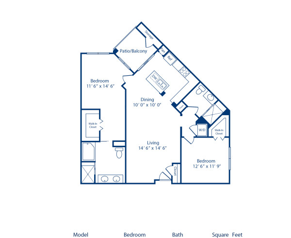 Blueprint of Tao Floor Plan, 2 Bedrooms and 2 Bathrooms at Camden Main and Jamboree Apartments in Irvine, CA