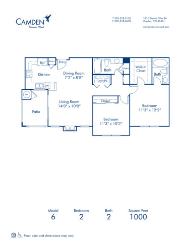 Blueprint of 6 Floor Plan, 2 Bedrooms and 2 Bathrooms at Camden Denver West Apartments in Golden, CO