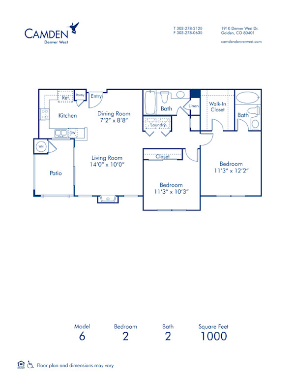Blueprint of 6 Floor Plan, 2 Bedrooms and 2 Bathrooms at Camden Denver West Apartments in Golden, CO