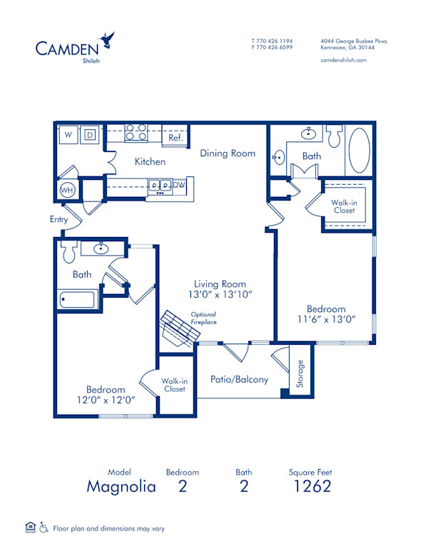 Blueprint of Magnolia Floor Plan, 2 Bedrooms and 2 Bathrooms at Camden Shiloh Apartments in Kennesaw, GA