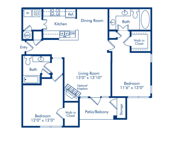 Blueprint of Magnolia Floor Plan, 2 Bedrooms and 2 Bathrooms at Camden Shiloh Apartments in Kennesaw, GA