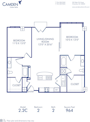 Blueprint of 2.2C Floor Plan, 2 Bedrooms and 2 Bathrooms at Camden Cotton Mills Apartments in Charlotte, NC
