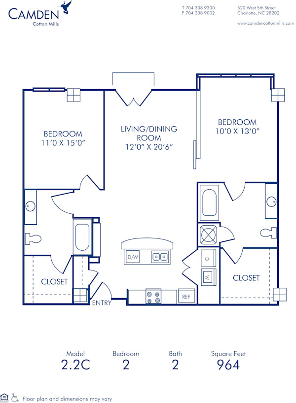 Blueprint of 2.2C Floor Plan, 2 Bedrooms and 2 Bathrooms at Camden Cotton Mills Apartments in Charlotte, NC
