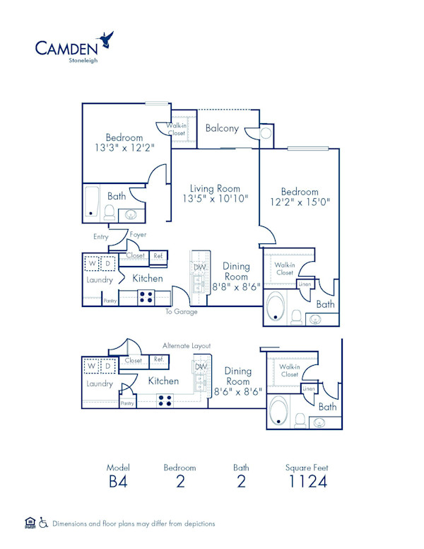 Blueprint of B4 Floor Plan, 2 Bedrooms and 2 Bathrooms at Camden Stoneleigh Apartments in Austin, TX
