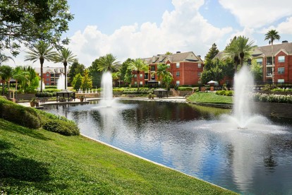 Manicured walking trails with fountains