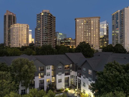 Building exterior at twilight at Camden Phipps in Atlanta GA