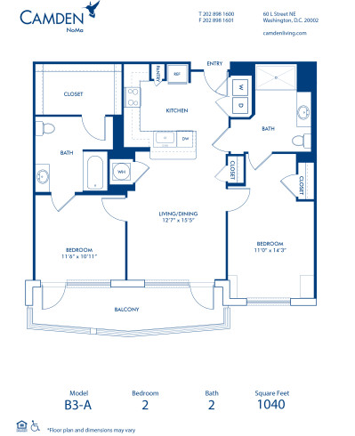 Blueprint of B3-A Floor Plan, 2 Bedrooms and 2 Bathrooms at Camden NoMa Apartments in Washington, DC