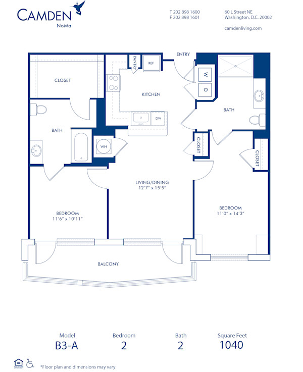 Blueprint of B3-A Floor Plan, 2 Bedrooms and 2 Bathrooms at Camden NoMa Apartments in Washington, DC